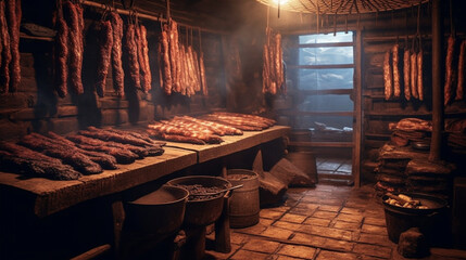 Traditional food. Smoked sausuages in smokehouse., Generative AI.