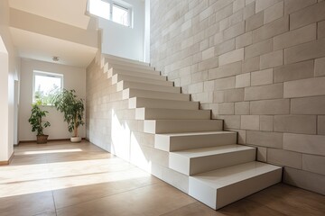 The interior decoration of a home construction site includes the installation of stairs and the use of gypsum board walls. These elements provide an opportunity for adding text or messages with the