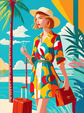 portrait of a girl with sunglasses vintage color posterize pattern backgrounds, generative ai, summer  tropical shopping illustration