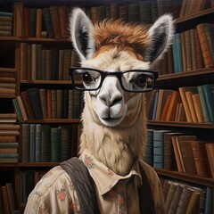 A portrait of an intelligent llama in a library, illustration created by Generative AI