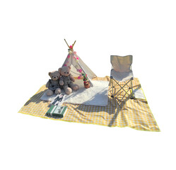 The layout is cute with a small tent, teddy bear and a camping chair placed on a yellow and white plaid mat on a clearly separated white background with lines for easy cutting.