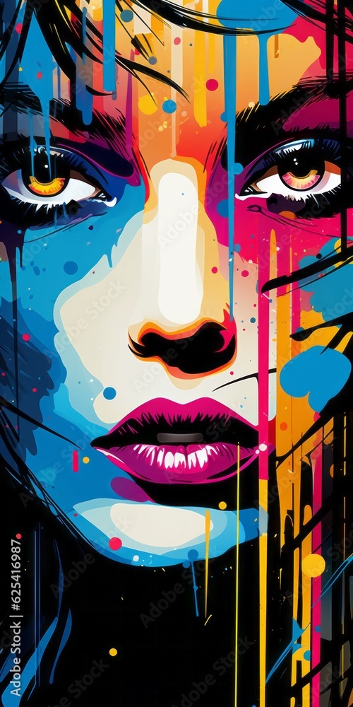 Wall mural the face of a girl at a night club. pop art. generative ai