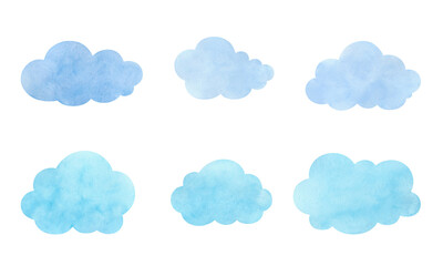 Watercolor illustration of a set of blue clouds with a gradient isolated on a white background. Hand-drawn. An element for design and decoration. The texture of watercolor on paper.