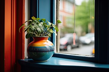 A vintage colored small plant pot is showcased in the window.