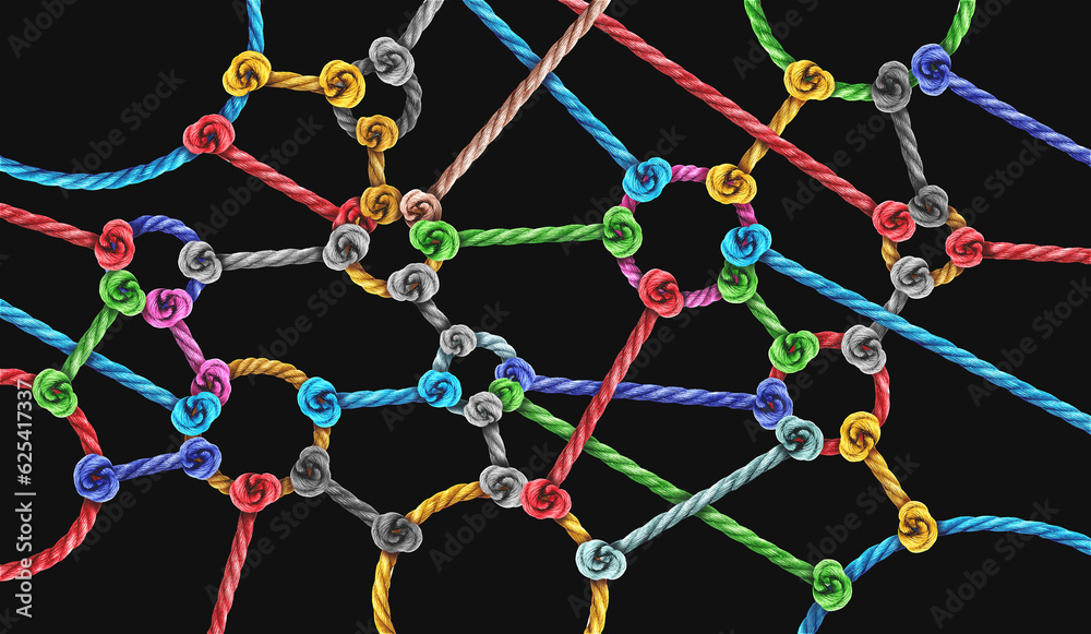 Poster Connected Networks and diverse group of ropes interconnected as a united collective as a metaphor for economic networking.