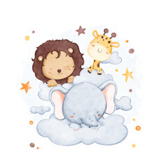 Watercolor illustration cute safari animals sleep on cloud with stars