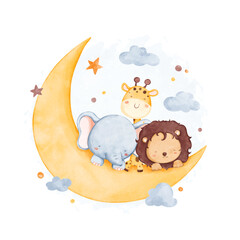 Watercolor illustration cute safari animals sleep on moon with stars and cloud