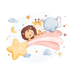 Watercolor illustration cute safari animals with rainbow and stars