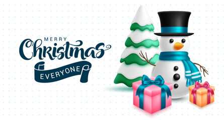 Christmas greeting text vector design. Merry chirstmas holiday season with gift boxes and snow man character in pattern background. Vector illustration greeting card design. 