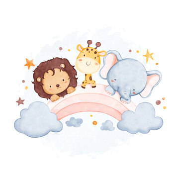 Watercolor illustration cute safari animals with rainbow and stars © Stella