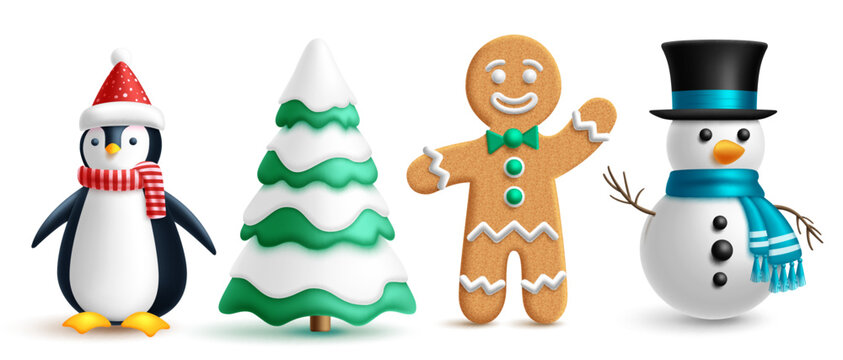 Christmas characters vector set design. Christmas characters penguin, ginger bread and snowman for holiday seasonal elements and decoration in white background. Vector illustration seasonal characters