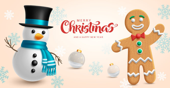 Merry christmas text vector design. Christmas snow man and ginger bread characters with snoflakes elements for greeting card. Vector illustration holiday season background.