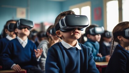 A child in a classroom all students wearing Virtual Reality headsets created by Generative AI