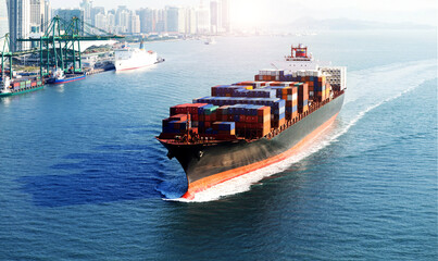 Large cargo container ship arriving in port