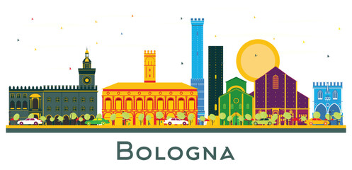 Bologna Italy City Skyline with Color Buildings Isolated on White. © BooblGum