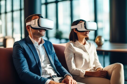 Business Couple Wearing VR Gear on a Meeting. Company Metaverse Experience. generative AI