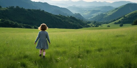 Fototapeta na wymiar Happy beautiful young girl in meadow relaxing in nature. Cute child enjoying summer outdoors landscape