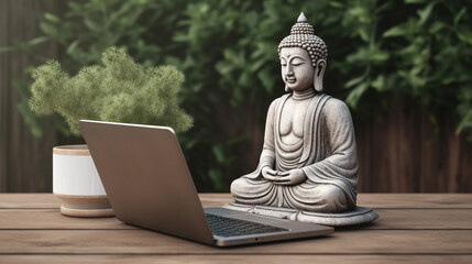 buddha statue infront of laptop  - obrazy, fototapety, plakaty