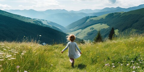 Naklejka premium Happy beautiful young girl in meadow relaxing in nature. Cute child enjoying summer outdoors landscape