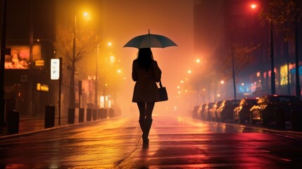 wet road in stromy night with a woman walking at background. - obrazy, fototapety, plakaty