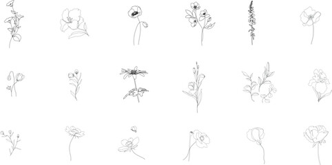 Fototapeta na wymiar minimal line flower and botanical graphic sketch drawing, trendy tiny tattoo design, floral elements vector illustration