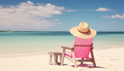 Fototapeta na wymiar Beach chairs with pink hat on white sandy beach