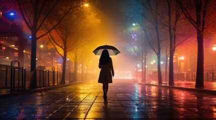 wet road in stromy night with a woman walking at background. - obrazy, fototapety, plakaty