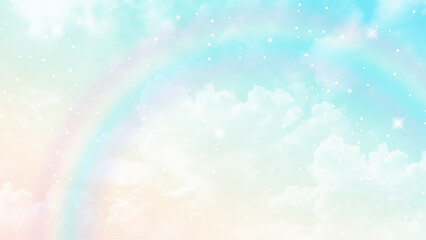 Colorful sky with soft white clouds and the crossing of rainbows. pastel colored magical fantasy background. Sweet Dreams concept for Wallpaper, Backdrops and Design.
