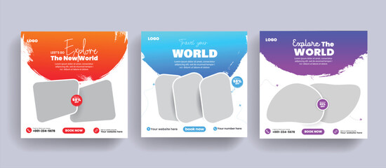 social media post or square banner template for travel holiday tourism promotional marketing agency and promo. tour advertising. flyer. vector brush stroke layout template set.