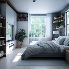 Bedroom interior with a plant. Illustration generated ai