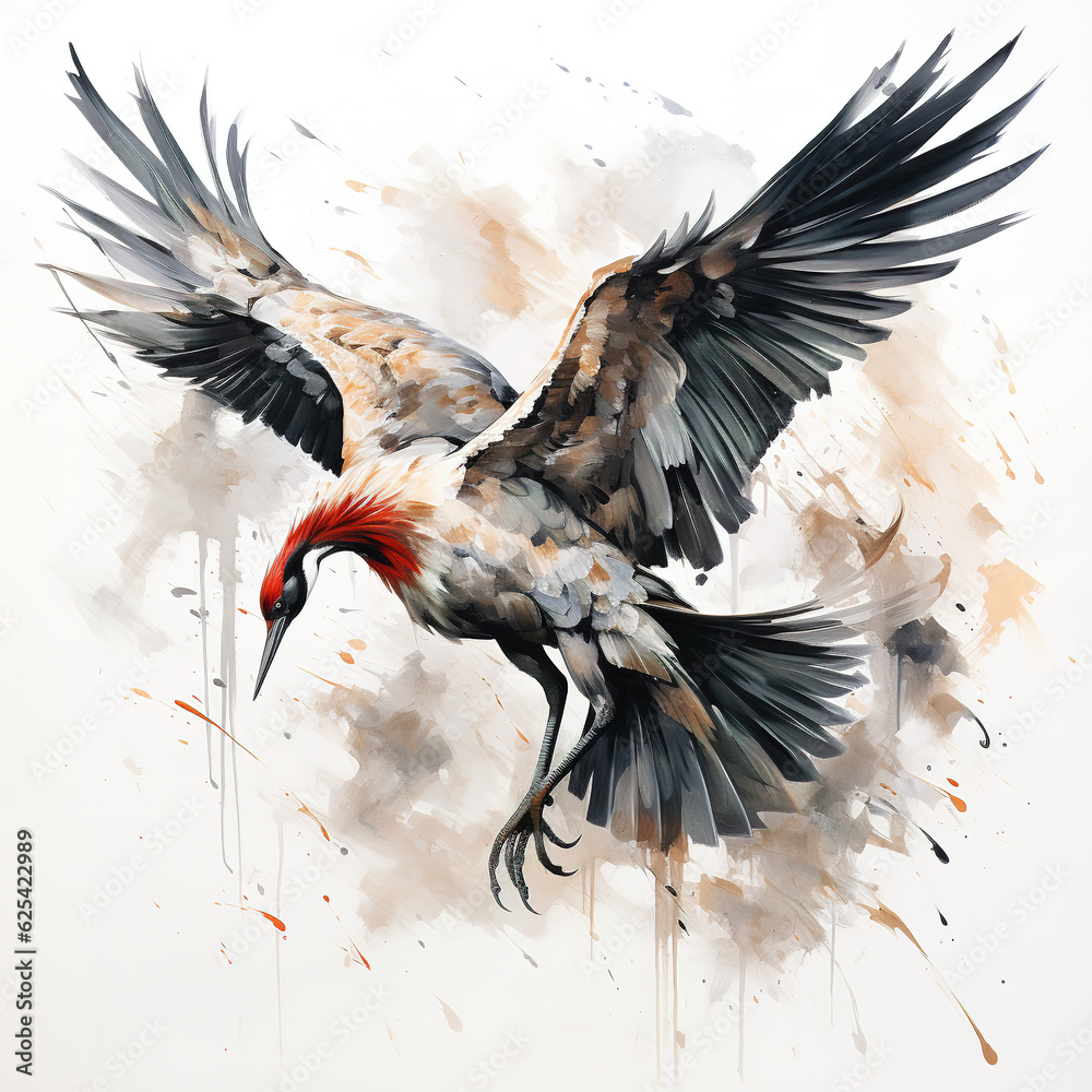 Poster Image of flying an eastern sarus crane painting on white background. Bird. Wildlife Animals. Illustration, Generative AI.