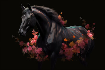 Image of black horse head surrounded by colorful tropical flowers. Wildlife Animals. Illustration, Generative AI.