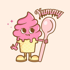 Logo mascot ice cream with a spoon in his hands. Delicious and fun. Vector illustration