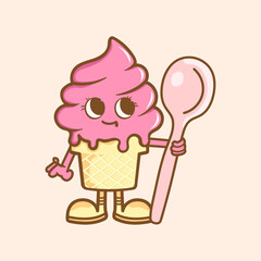 Logo mascot ice cream with a spoon in his hands. Delicious and fun. Vector illustration