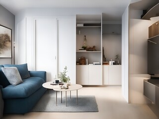 Fototapeta na wymiar Living room interior with cabinets. Illustration generated ai