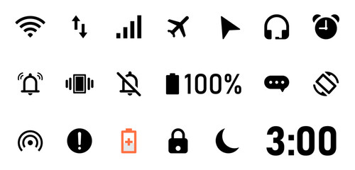 Smartphone status bar icon set. Set of all essential notification bar icons- wi-fi, internet, network, hotspot, alarm, airplane mode, battery percentage, vibration mode, silent, clock and location. - obrazy, fototapety, plakaty