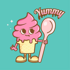 Logo mascot ice cream with a spoon in his hands. Delicious and fun. Vector illustration