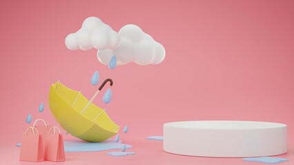 Illustration 3d Monsoon season has an umbrella, shopping bag, cloud, podium for show products, and water on the floor, with a pink background.