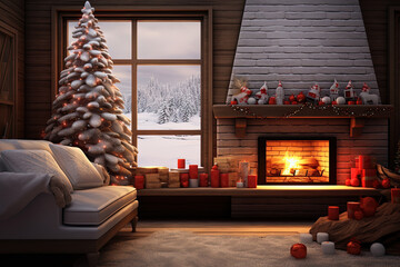 cozy living room decorated for Christmas. Generative AI