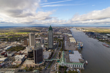 drone photography of downtown mobile, al