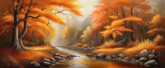 Banner Autumn Landscape Forest Mountain River Road And Orange Tree. Generative AI