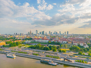 Aerial panorama of Warsaw, Poland over the Vistual river and Cit