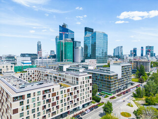 Modern City high rise skyscraper buildings. Aerial drone view of