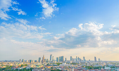 Aerial panorama of Warsaw, Poland over the Vistual river and Cit