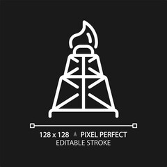 Drilling rig white linear icon for dark theme. Oil well. Offshore platform. Petroleum industry. Gas exploration. Thin line illustration. Isolated symbol for night mode. Editable stroke