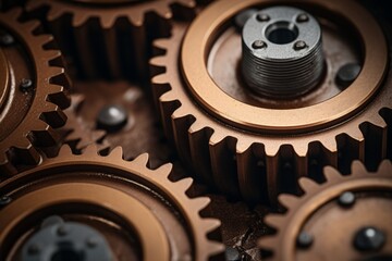Metal gear sprockets in well used machine, closeup still life with beautiful textures and shape. Detail gear wheel