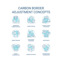 2D blue icons set representing carbon border adjustment linear concepts, isolated vector, thin line illustration.