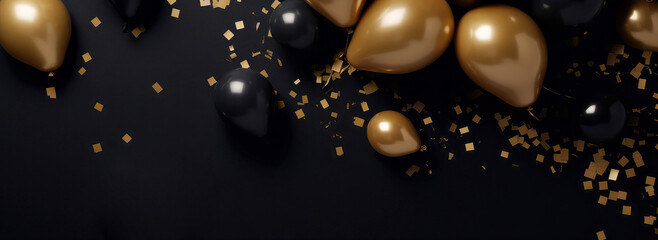 Luxury holidays background with black,golden balloons, confetti, sparkles, lights. Anniversary. Banner for birthday, party, Topp view. Flat lay. Generative Ai.