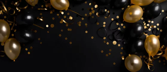 Foto op Canvas Luxury holidays background with black,golden balloons, confetti, sparkles, lights. Anniversary. Banner for birthday, party, Topp view. Flat lay. Generative Ai. © Inai