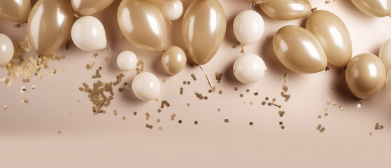 Luxury holidays beige background with balloons,golden confetti, sparkles, lights. Anniversary. Banner for birthday, party, Topp view. Flat lay. Generative Ai.